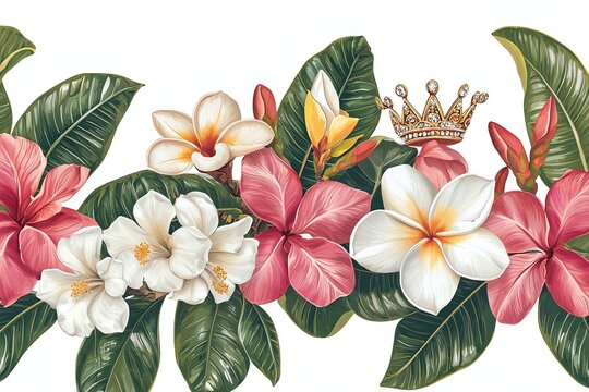 Elegant drawing of Hawaiian native plants - maile lei, pikake, plumeria with royal crown elements, botanical style, isolated on white background