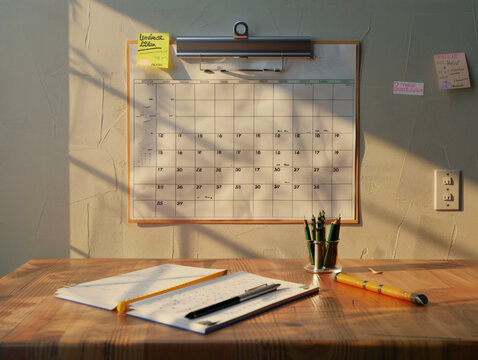 A wall calendar flipped to January 2025, with a pen and sticky notes featuring goals for the year, placed on a wooden desk.