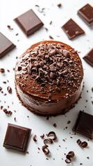 Chocolate cake surrounded by chocolate pieces on white background.  Possible use Food photography, baking