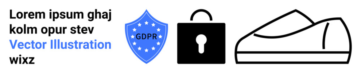Shield with GDPR text, secure lock symbol, and modern sneaker outline. Ideal for technology, privacy protection, cybersecurity, fashion, graphical design, and online safety. Landing page