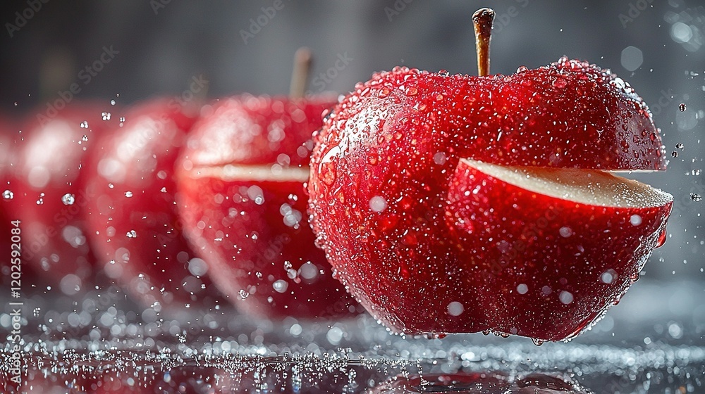Poster red apples on a wet table with a bitten apple