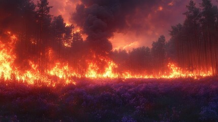 Obraz premium A dramatic landscape depicting a forest fire at sunset, highlighting the contrast between destruction and beauty.