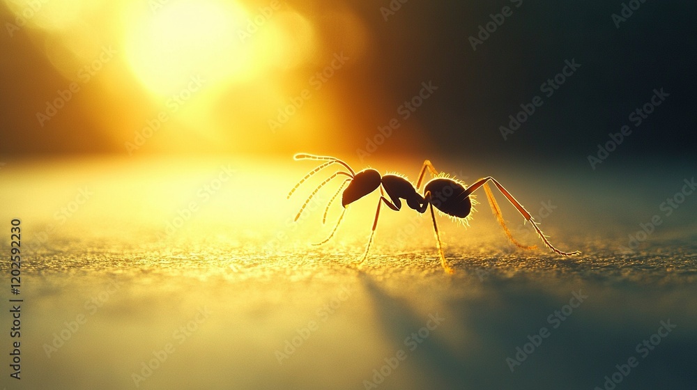 Poster a clear shot of a spider on the ground with the sun shining behind it and a sharp background