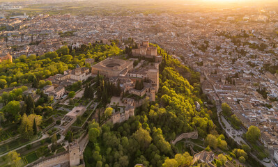 Obraz premium Aerial view of the Alhambra palace at sunset in Granada, Andalusia, Spain