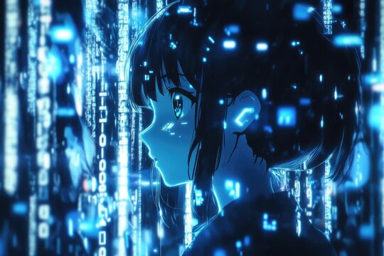 glowing digital matrix cascade neon blue cybernetic data streams against dark void