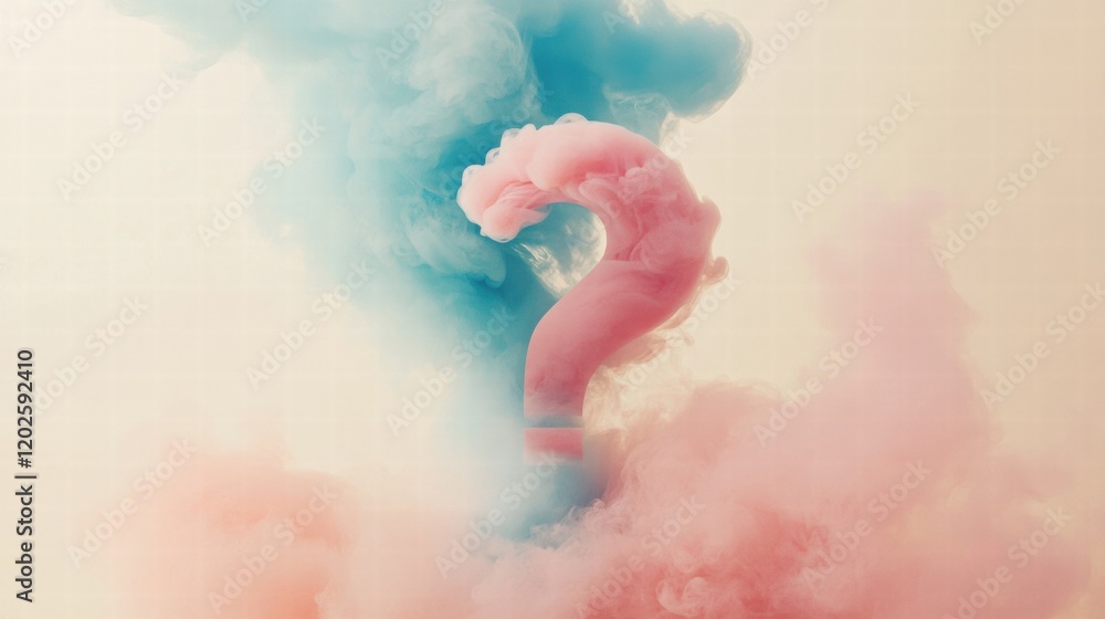 Poster colors merge to create a striking question mark with clouds of pink and blue smoke. generative ai