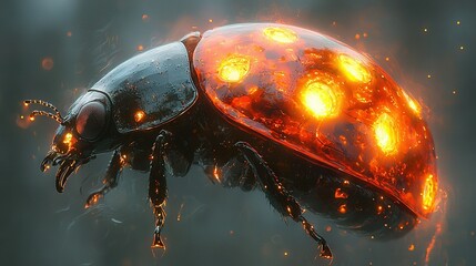   A close-up of a bug on a surface with flames erupting from its head