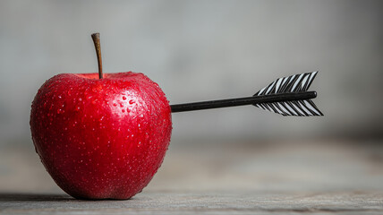 Red apple pierced by an arrow on a wooden surface