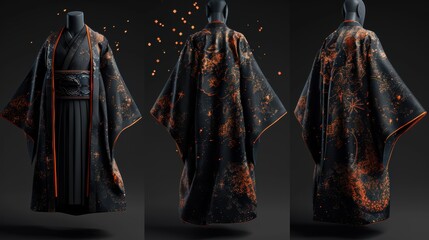 Naklejka premium This captivating kimono showcases cosmic patterns glowing in orange against a dark backdrop, merging fashion with an artistic representation of the universe's beauty.