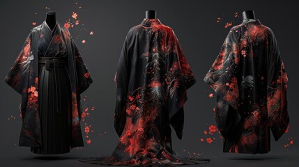 Fototapeta premium This image features a stunning black kimono adorned with vibrant red floral patterns, showcasing intricate craftsmanship and traditional Japanese aesthetics beautifully.