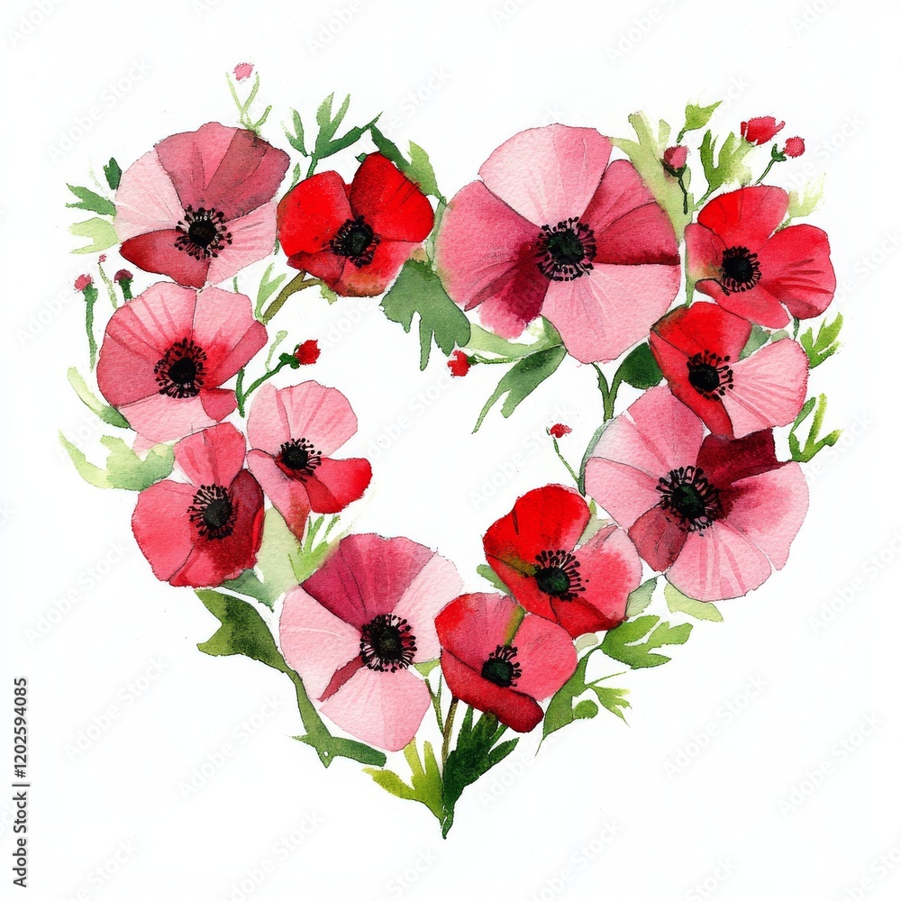 Wall mural A composition of a heart-shaped wedding wreath made of watercolor flowers, depicted in an isolated white illustration