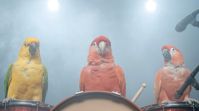   Three parrots perched on a drum set before a mic and drum pair