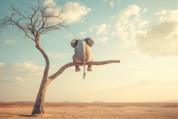 Whimsical desert dream  an elephant perched on a branch in a playful surreal landscape