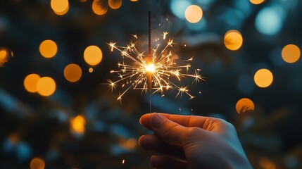 Hand holding sparkler, night, bokeh lights, festive celebration, holiday card