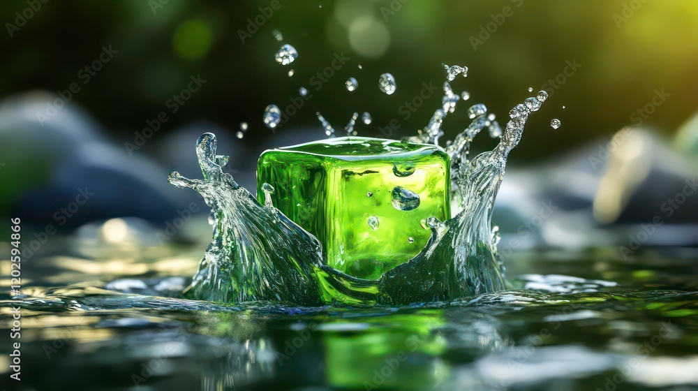 Poster Green cube splashing into water, creating a dynamic wave.