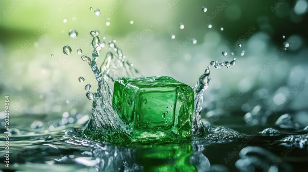 Poster Green ice cube splashing into water, creating a dynamic wave.