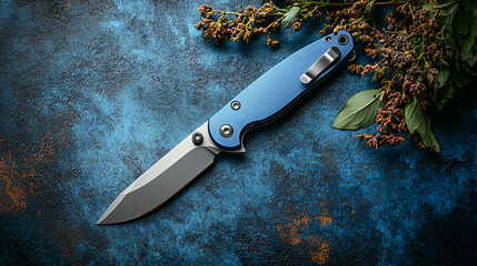 Compact folding knife isolated on a flat slate-blue background