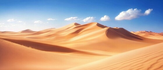 Naklejka premium Expansive sand dunes roll toward the horizon under a vivid blue sky, capturing the vast, untouched beauty and solitude of the desert.