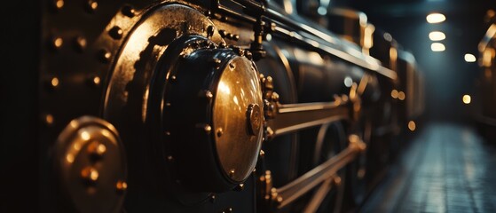A close-up of a steam locomotive, shining in dim light, revealing the intricate metalwork and craftsmanship of a bygone era of transportation.