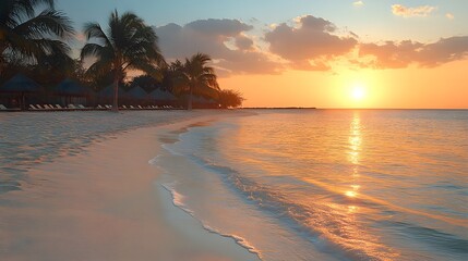 Serene tropical beach sunset with golden light reflecting on the ocean