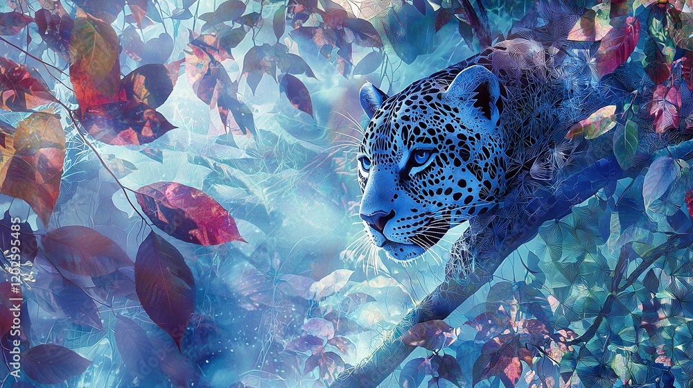 Poster leopard on tree branch in forest filled with leaves