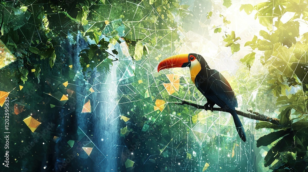 Poster a toucan on a branch in front of a waterfall and a forest filled with leaves