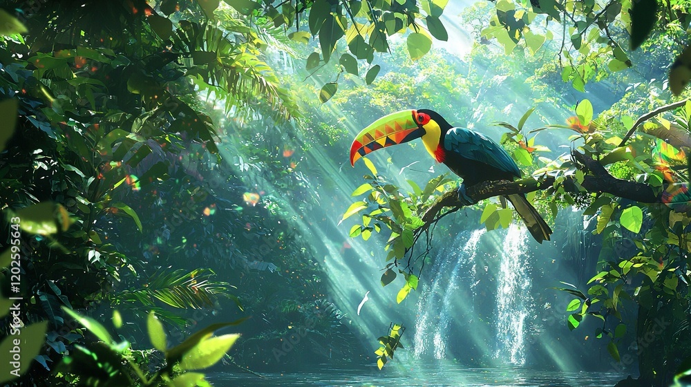 Poster a toucan perches on a jungle branch, bathed in sunlight filtering through trees and surrounded by a 