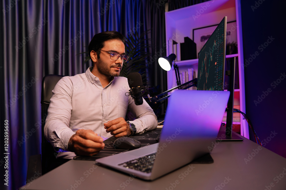 Poster smart trader businessman concentrating on dynamic stock exchange investment on pc and laptop showing