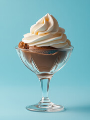 Chocolate mousse with whipped cream in a glass cup.