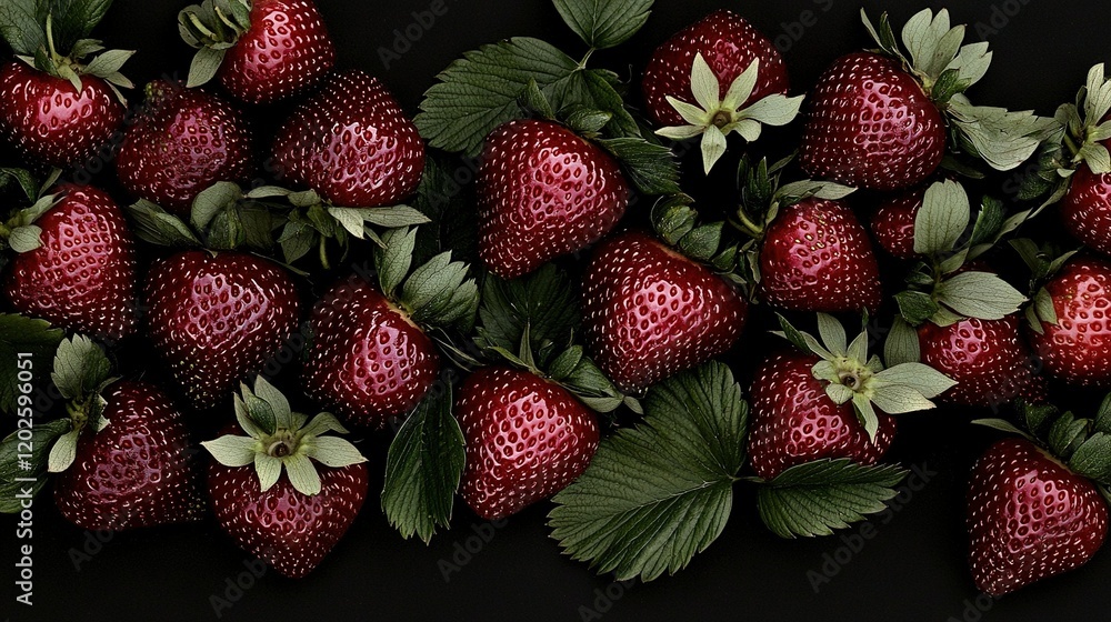 Poster a close-up of a group of strawberries against a dark background with surrounding foliage and a flowe