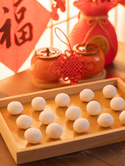 sweet dumping or tangyuan traditional Chinese new year food .(the Chinese characters means New Year's blessing）
