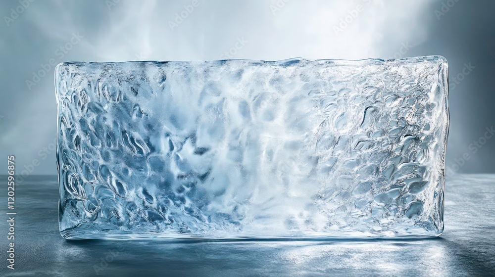 Poster large, translucent ice block with textured surface on a gray background.