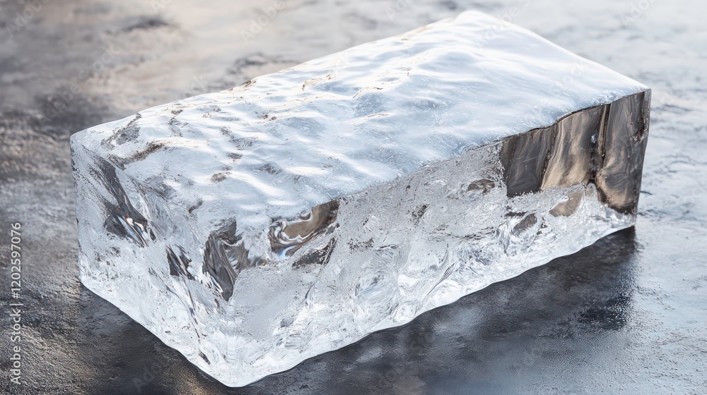 Poster large clear ice block on a dark surface.