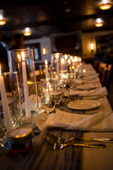 Elegant candlelit banquet hall decorated for a wedding reception