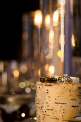 Elegant black and silver wedding bands on a decorative willow log