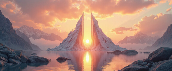 Majestic snowy peaks glowing at sunset with a reflective lake creating an ethereal atmosphere reminiscent of resilient structures in nature