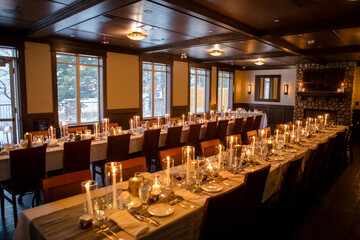 Elegant candlelit banquet hall decorated for a wedding reception