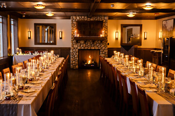 Elegant candlelit banquet hall decorated for a wedding reception