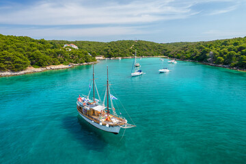 Aerial view of Rab Island beautiful coast in Dalmatia region of Croatia.