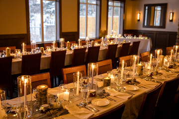 Elegant candlelit banquet hall decorated for a wedding reception