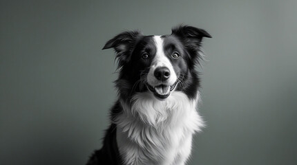 Fototapeta premium Black and white portrait of a happy Border Collie dog against a muted green background. Perfect for pet, animal, and canine themed projects.