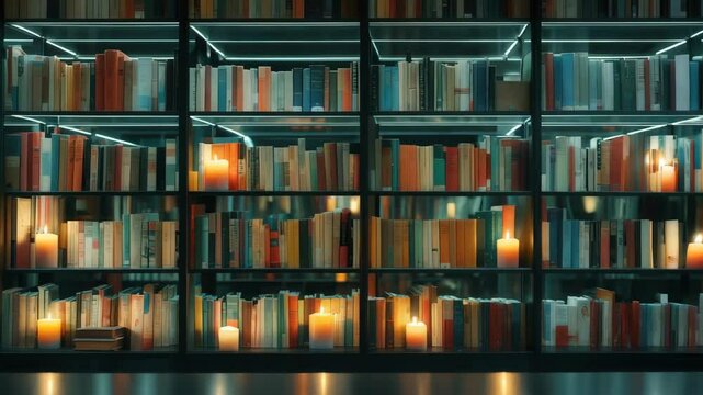 Titel:
Bookshelf with colorful books and candles creating a cozy ambiance
