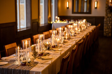 Elegant candlelit banquet hall decorated for a wedding reception