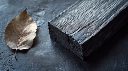 Autumn leaf beside dark wood block on slate