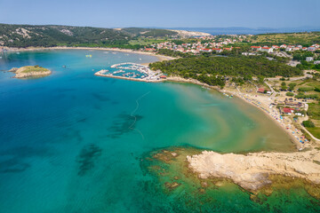 Aerial panorama of the stunning Rajska plaza beach on Rab Island, Croatia.