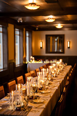 Elegant candlelit banquet hall decorated for a wedding reception