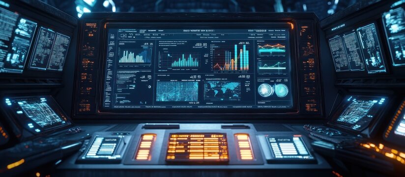 Futuristic control center Data analysis dashboard displays global information, surrounded by monitoring screens