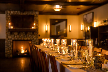 Elegant candlelit banquet hall decorated for a wedding reception