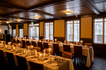 Elegant candlelit banquet hall decorated for a wedding reception