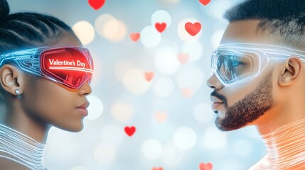 Futuristic man and woman in neon smart glasses, Valentines day 